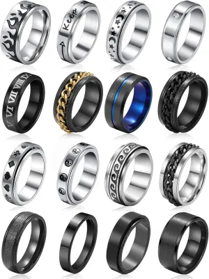 Stainless Steel Fidget Rings for Men, Sliver Fidget Rings for Women, Cool Spinner Ring Set, Black Mens Wedding Band Ring Pack