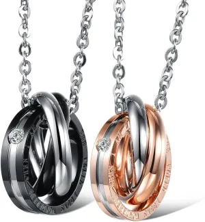 Stainless Steel His & Hers Matching Set Interlocking Rings Couples Pendant Necklace