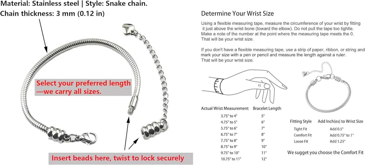 Stainless Steel Snake Chain Charm Bracelet, 3mm Silver DIY Jewelry for Women & Men, Fits Most Beads & Pandora Charms, 5-10 Inches