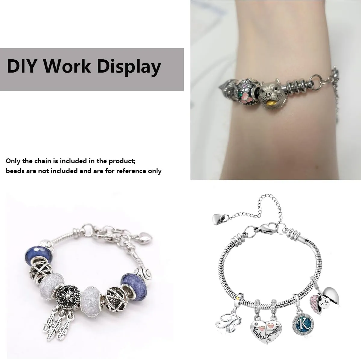 Stainless Steel Snake Chain Charm Bracelet, 3mm Silver DIY Jewelry for Women & Men, Fits Most Beads & Pandora Charms, 5-10 Inches