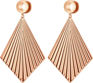 Stainless Steel Tunnel Gauges Ear Gauges Women Rose Gold/Silver with Rhombus Dangle Ear Tunnels Ear Expander Piercing, 1 Pair, 6MM - 25MM