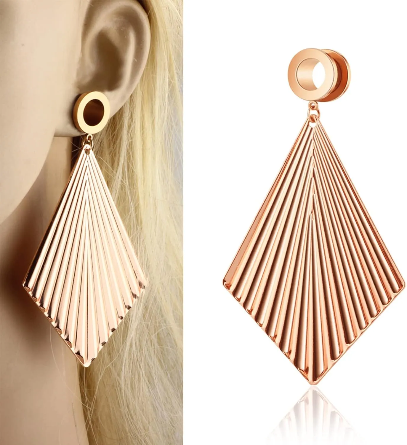 Stainless Steel Tunnel Gauges Ear Gauges Women Rose Gold/Silver with Rhombus Dangle Ear Tunnels Ear Expander Piercing, 1 Pair, 6MM - 25MM