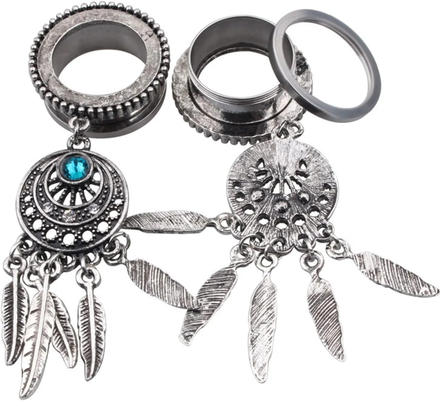 Stainless Steel Tunnel Gauges Ear Gauges Women Silver Leaves Dangle with Cubic Zirconia Ear Tunnels Ear Expander Piercing, 2PCS, 6MM - 30MM