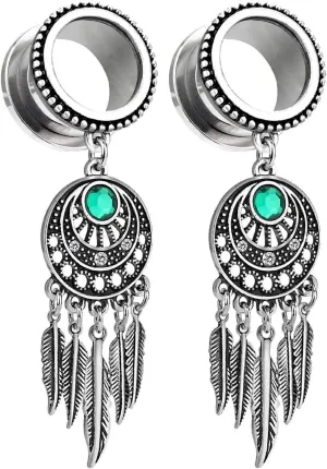 Stainless Steel Tunnel Gauges Ear Gauges Women Silver Leaves Dangle with Cubic Zirconia Ear Tunnels Ear Expander Piercing, 2PCS, 6MM - 30MM