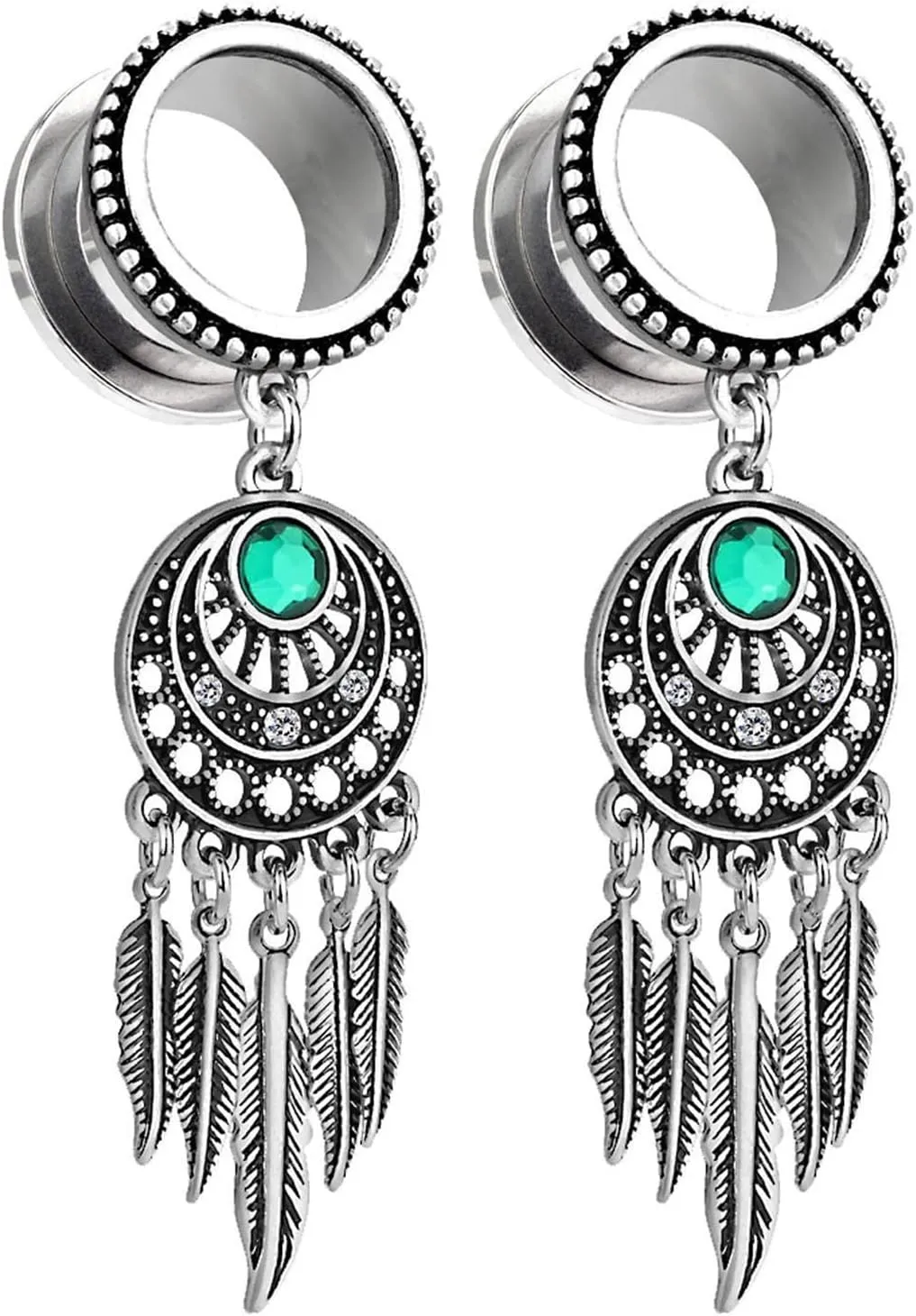 Stainless Steel Tunnel Gauges Ear Gauges Women Silver Leaves Dangle with Cubic Zirconia Ear Tunnels Ear Expander Piercing, 2PCS, 6MM - 30MM