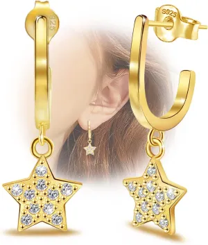 Star Earrings For Girls - Sterling Silver Stars Earrings For Women Hypoallergenic Half Hoop Earrings for Teens Cubic Zirconia Star Shaped Huggie Earrings Dainty Open Hoop Earrings Gifts for Christmas