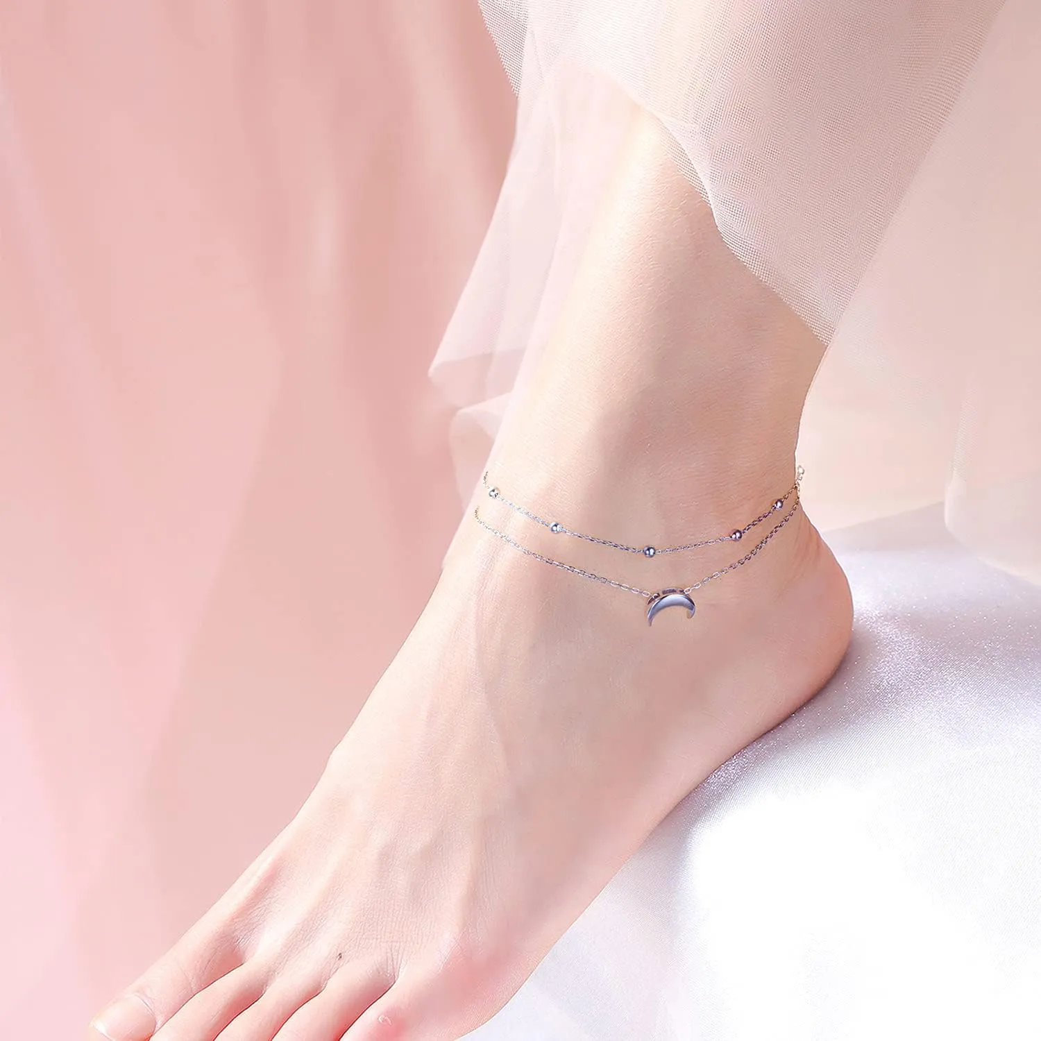Star Moon Layered Anklet 925 Sterling Silver Sunflower Airplane Mermaid Tail Anklets for Women Girls Adjustable Beads Crescent Ankle Bracelet Boho Beach Foot Chain Charm Jewelry