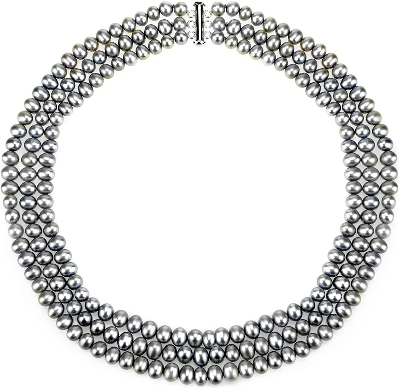 Sterling Silver 6.5-7mm Freshwater Cultured Pearl 3-Row Necklace 18 Inches Long (Choose Your Color)