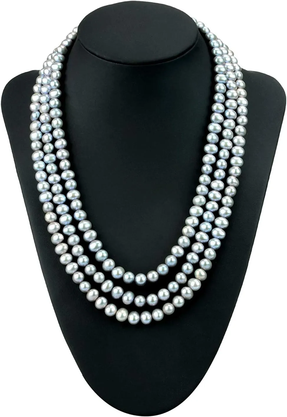 Sterling Silver 6.5-7mm Freshwater Cultured Pearl 3-Row Necklace 18 Inches Long (Choose Your Color)