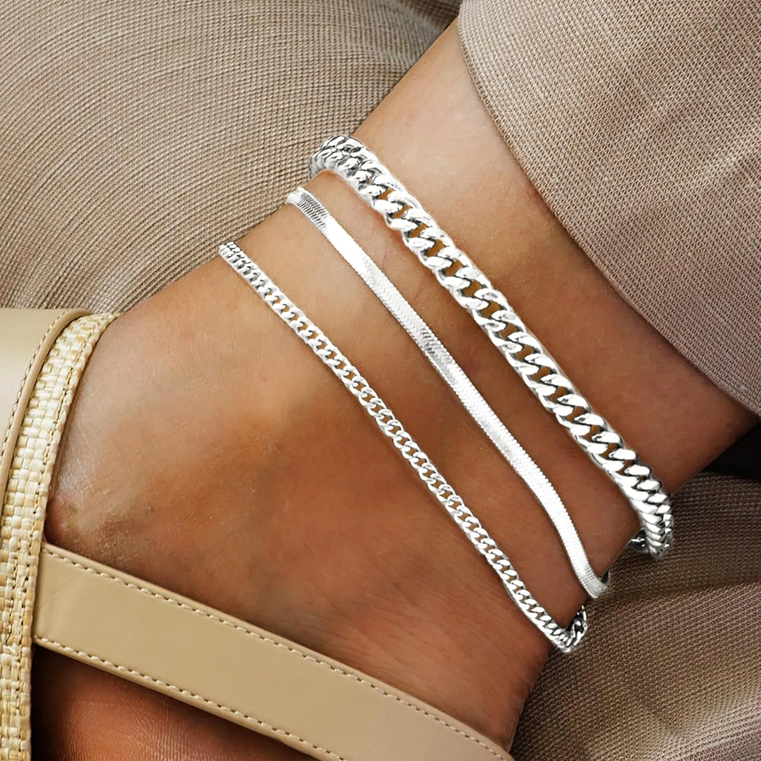 Sterling Silver Ankle Bracelets for Women Strong Lobster Clasp - Cuban Link, Figaro, Rope, Flat Mariner, Snake Herringbone, Satellite, Paperclip - Summer Beach Waterproof Silver Anklet