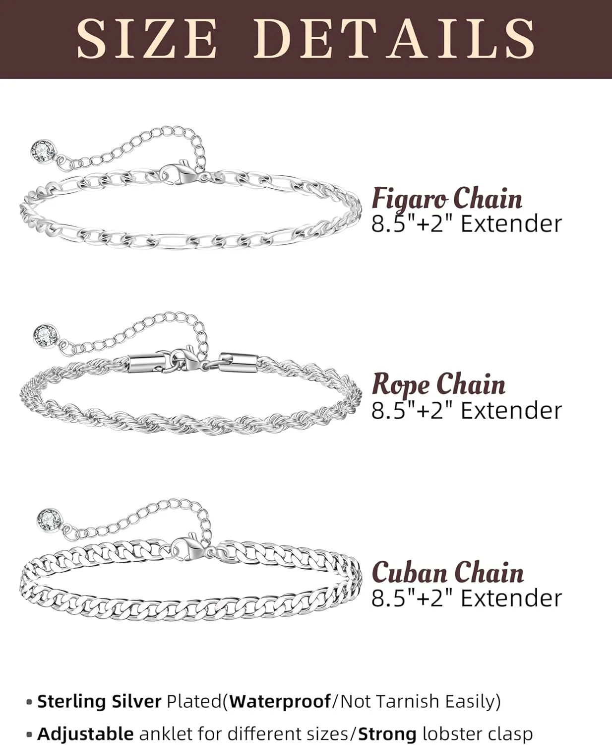 Sterling Silver Ankle Bracelets for Women Strong Lobster Clasp - Cuban Link, Figaro, Rope, Flat Mariner, Snake Herringbone, Satellite, Paperclip - Summer Beach Waterproof Silver Anklet