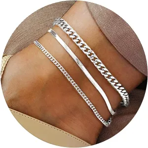 Sterling Silver Ankle Bracelets for Women Strong Lobster Clasp - Cuban Link, Figaro, Rope, Flat Mariner, Snake Herringbone, Satellite, Paperclip - Summer Beach Waterproof Silver Anklet