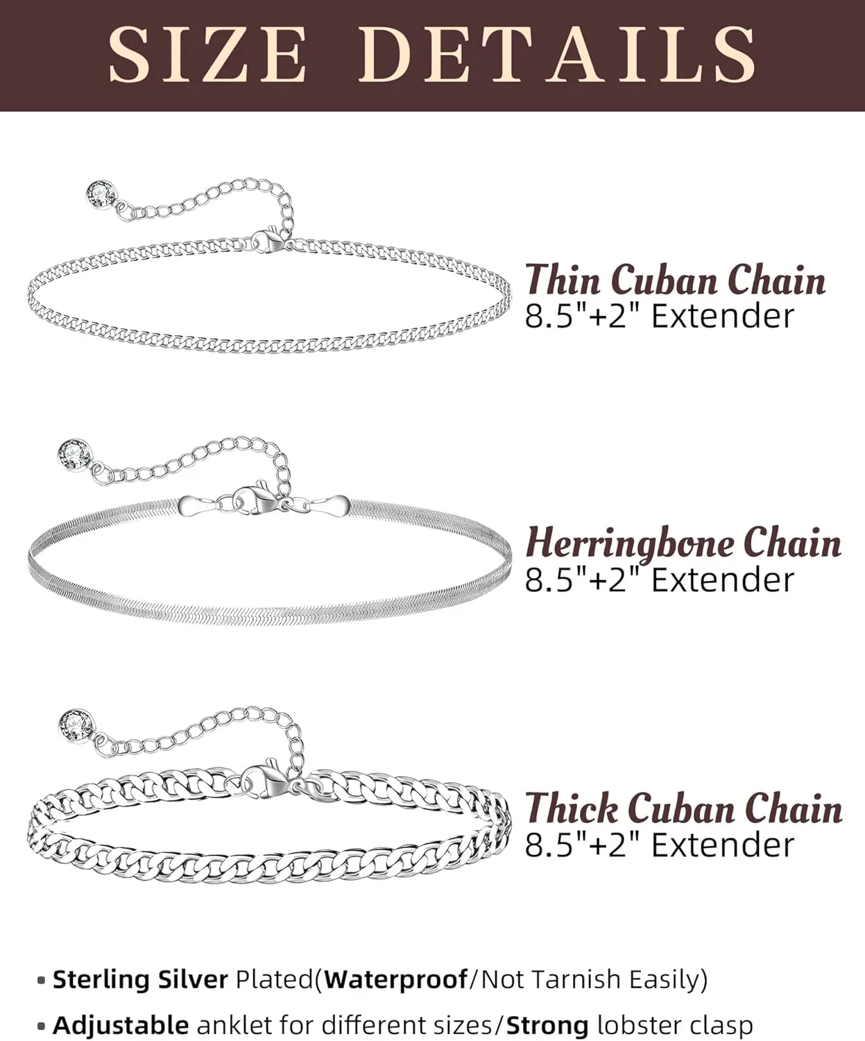 Sterling Silver Ankle Bracelets for Women Strong Lobster Clasp - Cuban Link, Figaro, Rope, Flat Mariner, Snake Herringbone, Satellite, Paperclip - Summer Beach Waterproof Silver Anklet