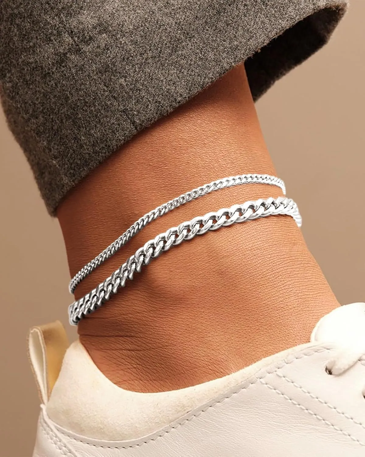 Sterling Silver Ankle Bracelets for Women Strong Lobster Clasp - Cuban Link, Figaro, Rope, Flat Mariner, Snake Herringbone, Satellite, Paperclip - Summer Beach Waterproof Silver Anklet