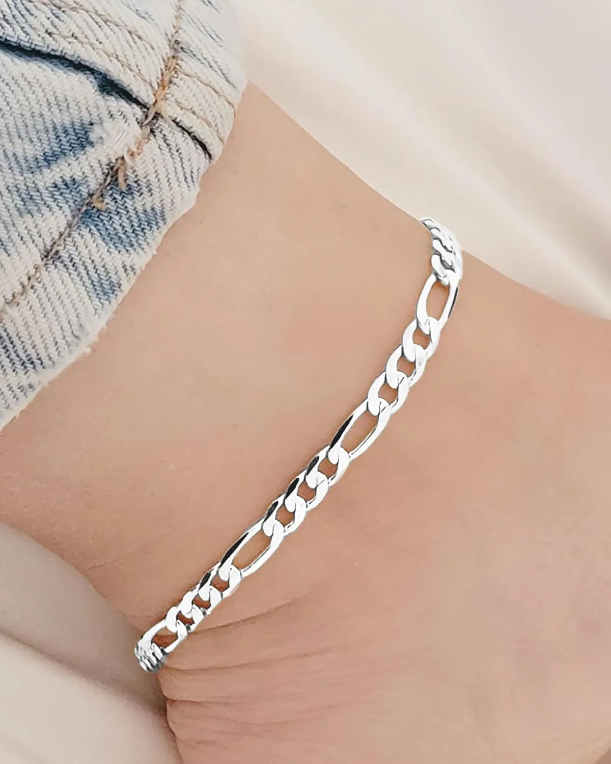 Sterling Silver Ankle Bracelets for Women Strong Lobster Clasp - Cuban Link, Figaro, Rope, Flat Mariner, Snake Herringbone, Satellite, Paperclip - Summer Beach Waterproof Silver Anklet
