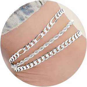 Sterling Silver Ankle Bracelets for Women Strong Lobster Clasp - Cuban Link, Figaro, Rope, Flat Mariner, Snake Herringbone, Satellite, Paperclip - Summer Beach Waterproof Silver Anklet