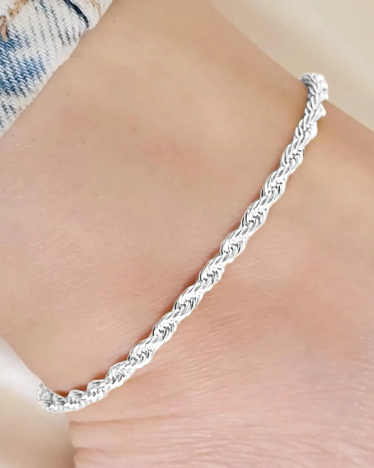Sterling Silver Ankle Bracelets for Women Strong Lobster Clasp - Cuban Link, Figaro, Rope, Flat Mariner, Snake Herringbone, Satellite, Paperclip - Summer Beach Waterproof Silver Anklet