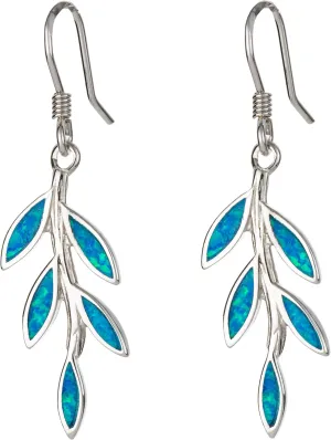 Sterling Silver Created Blue Opal Hawaiian Olive Branch Maile Leaf Dangle Earrings