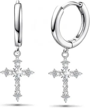 Sterling Silver Cross Earrings for Women White Gold CZ Cross Dangle Hoop Earrings Cuff Cartilage Hypoallergenic Sparkling Cross Huggie Earrings For Men Women Easter Jewelry Gifts Birthday