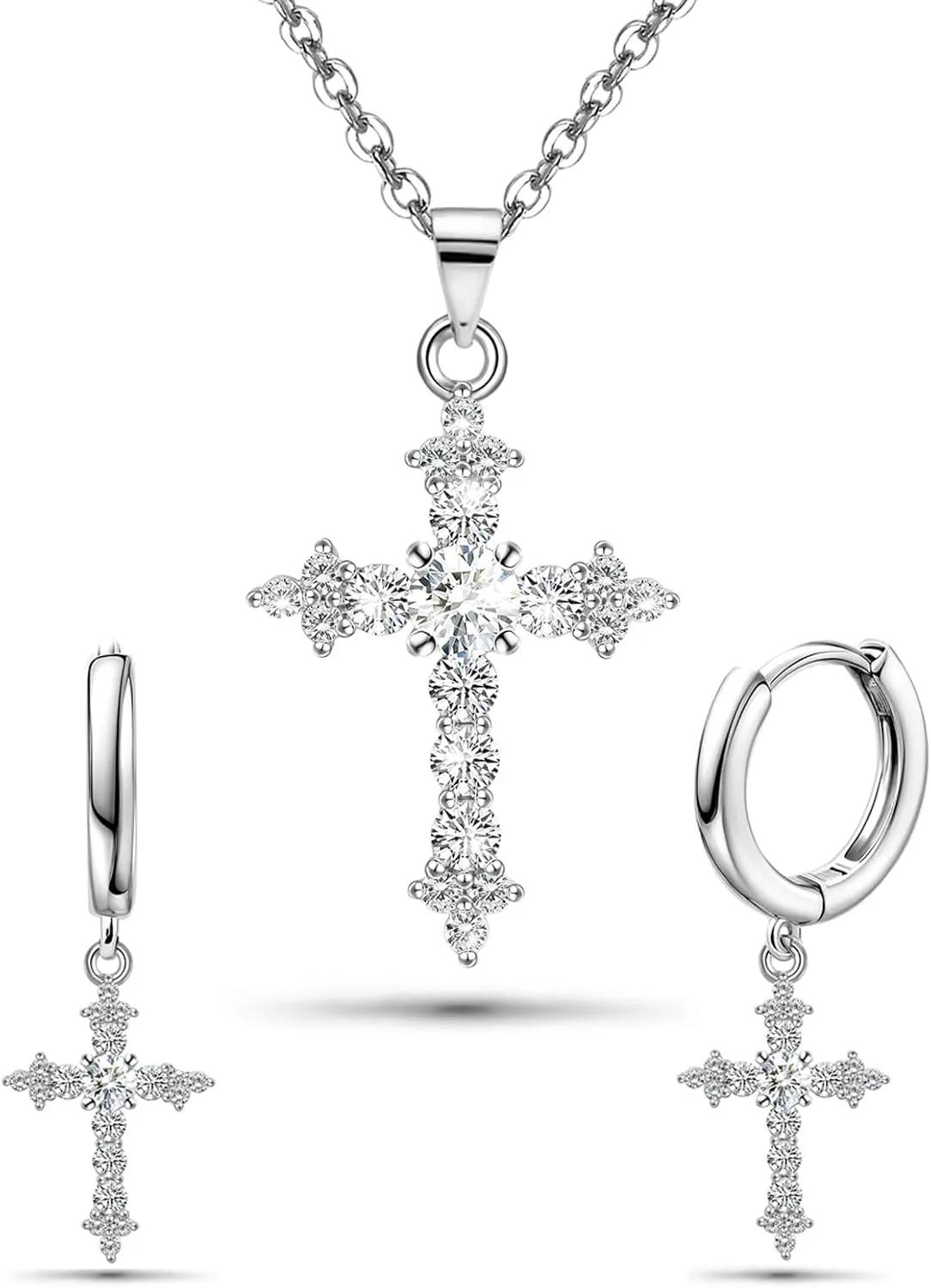 Sterling Silver Cross Necklace and Earrings Set for Women Sparkling CZ Cross Pendant Stud Earrings Jewelry Set Small Dainty Easter Gifts for Daughter Birthday