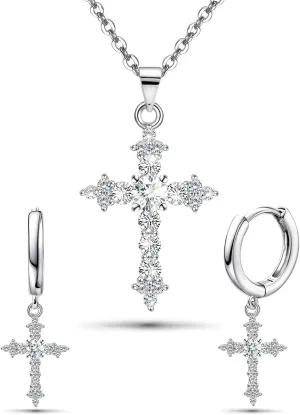 Sterling Silver Cross Necklace and Earrings Set for Women Sparkling CZ Cross Pendant Stud Earrings Jewelry Set Small Dainty Easter Gifts for Daughter Birthday