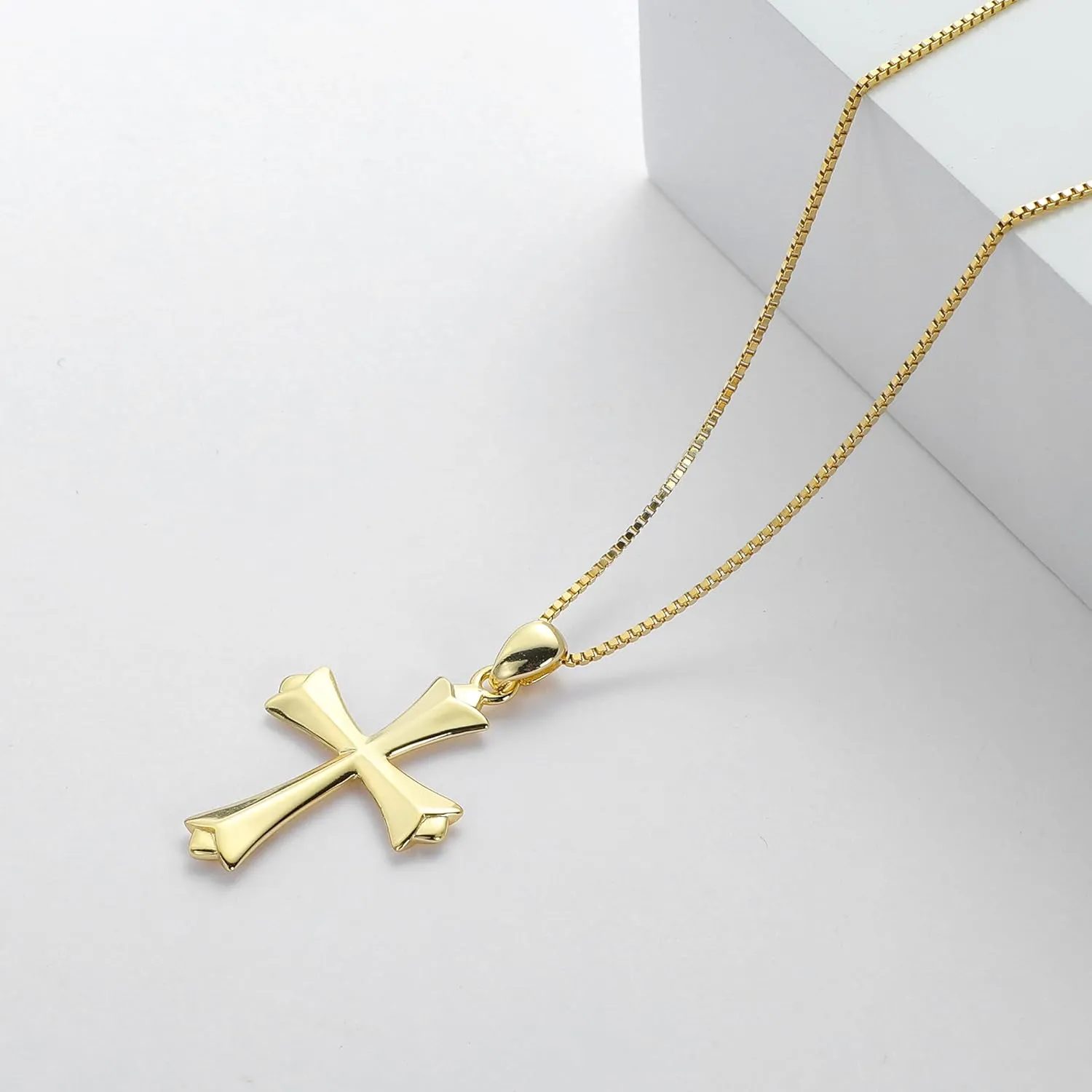 Sterling Silver Cross Necklace for Women 925 Sterling Silver Simple Classic Cross Pendant Necklace Handmade Crosses Religious Jewelry (14K Gold Embossed Cross Pendant Necklace)
