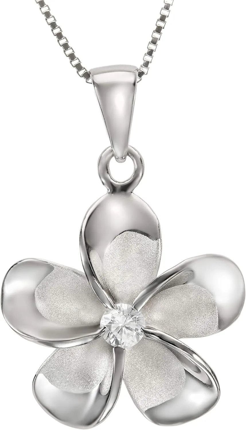 Sterling Silver CZ Hawaiian Plumeria Flower Necklace Pendant with 18" Box Chain, Sterling Silver, Cubic Zirconia