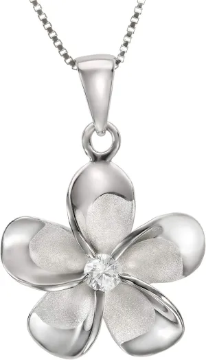 Sterling Silver CZ Hawaiian Plumeria Flower Necklace Pendant with 18" Box Chain, Sterling Silver, Cubic Zirconia