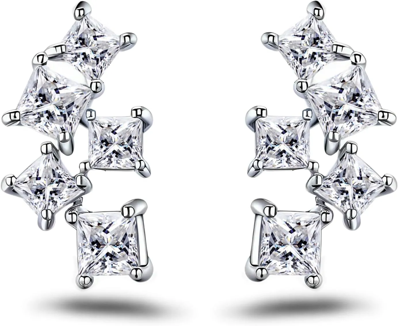 Sterling Silver Cz Square Stud Earrings White Gold Square Cut Geometric Rectangle Ear Crawler Earrings Simple Minimalist Small Sparkling Crystal Piercing Cartilage Jewelry Gifts for Women Mom Daughter