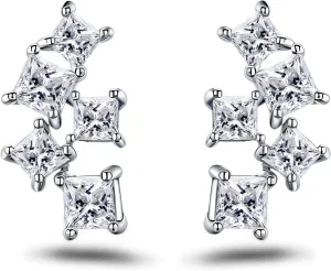 Sterling Silver Cz Square Stud Earrings White Gold Square Cut Geometric Rectangle Ear Crawler Earrings Simple Minimalist Small Sparkling Crystal Piercing Cartilage Jewelry Gifts for Women Mom Daughter