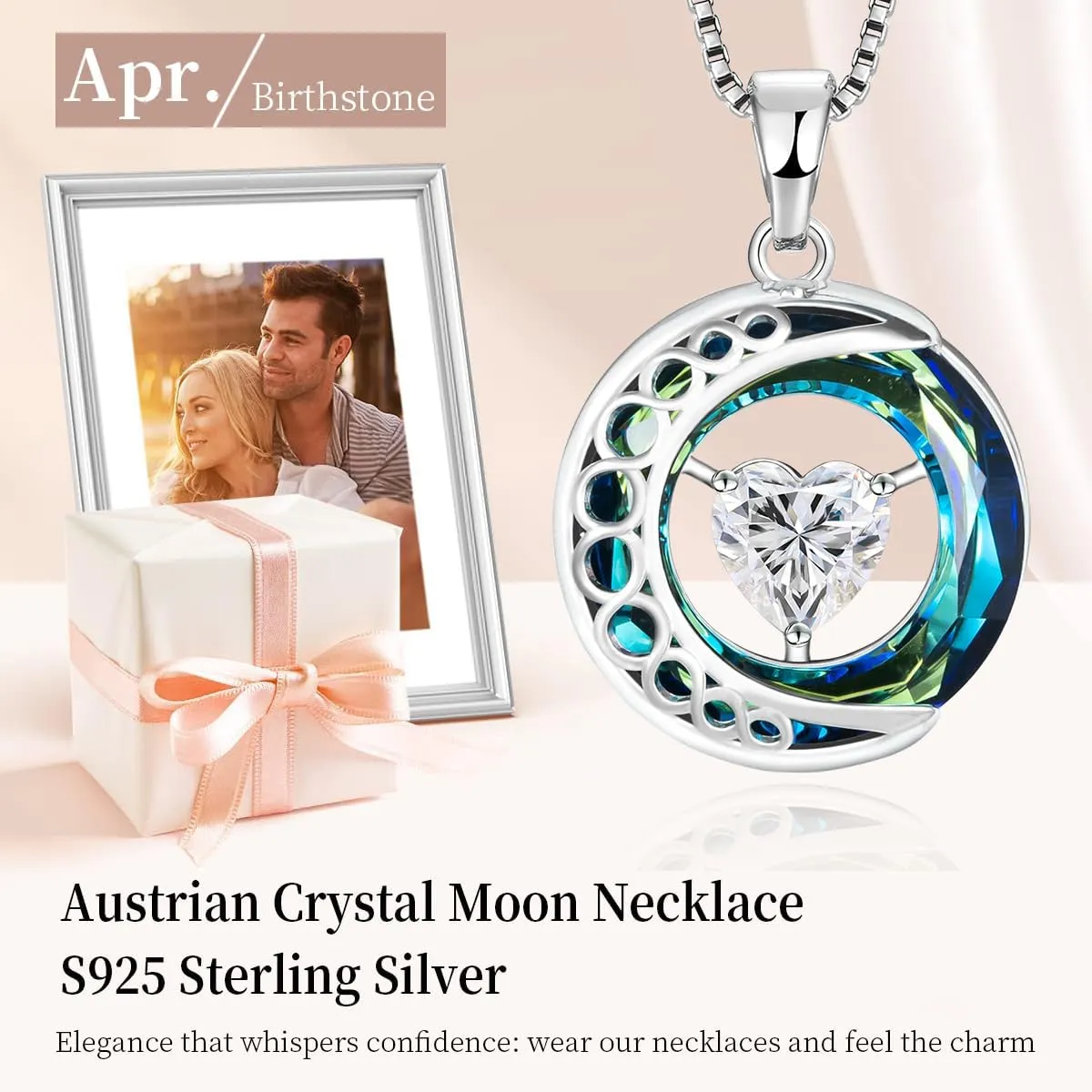 Sterling Silver Heart Birthstone Necklace for Women  Crystal Ring & Moon Pendant with Hidden Engraving 'I Love You to the Moon and Back' | Personalized Jewelry Gift for Her, Birthday, Anniversary, Romantic Surprise