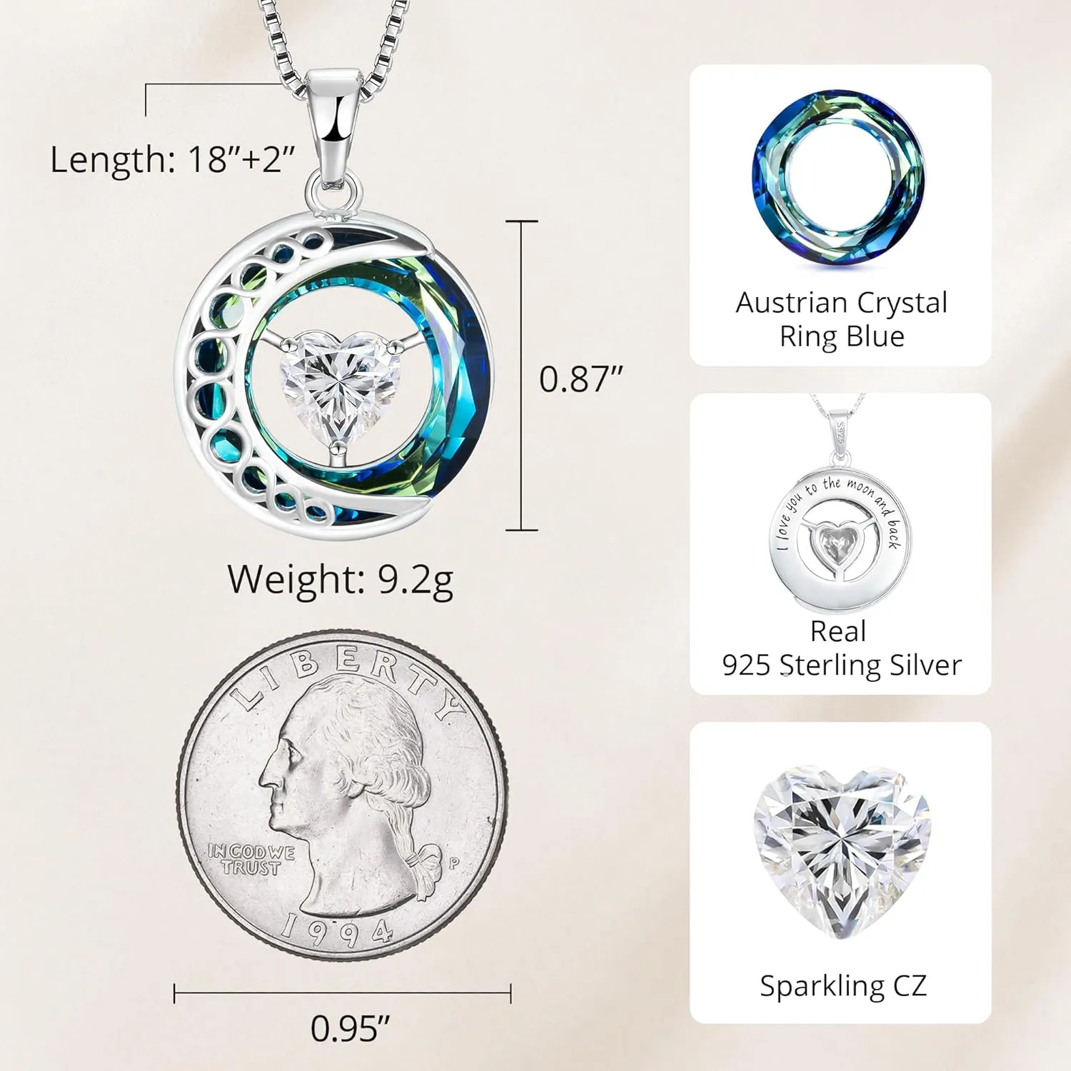 Sterling Silver Heart Birthstone Necklace for Women  Crystal Ring & Moon Pendant with Hidden Engraving 'I Love You to the Moon and Back' | Personalized Jewelry Gift for Her, Birthday, Anniversary, Romantic Surprise