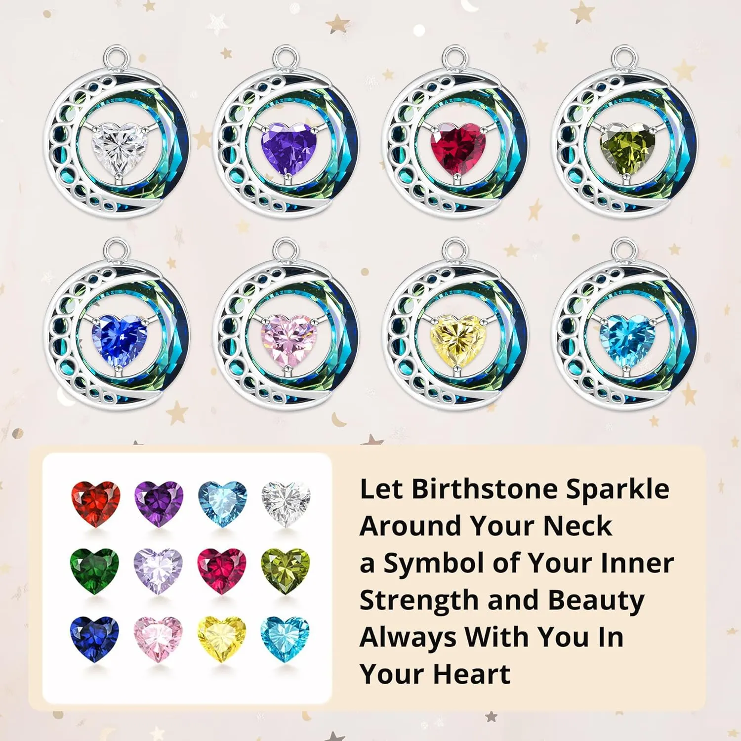 Sterling Silver Heart Birthstone Necklace for Women  Crystal Ring & Moon Pendant with Hidden Engraving 'I Love You to the Moon and Back' | Personalized Jewelry Gift for Her, Birthday, Anniversary, Romantic Surprise