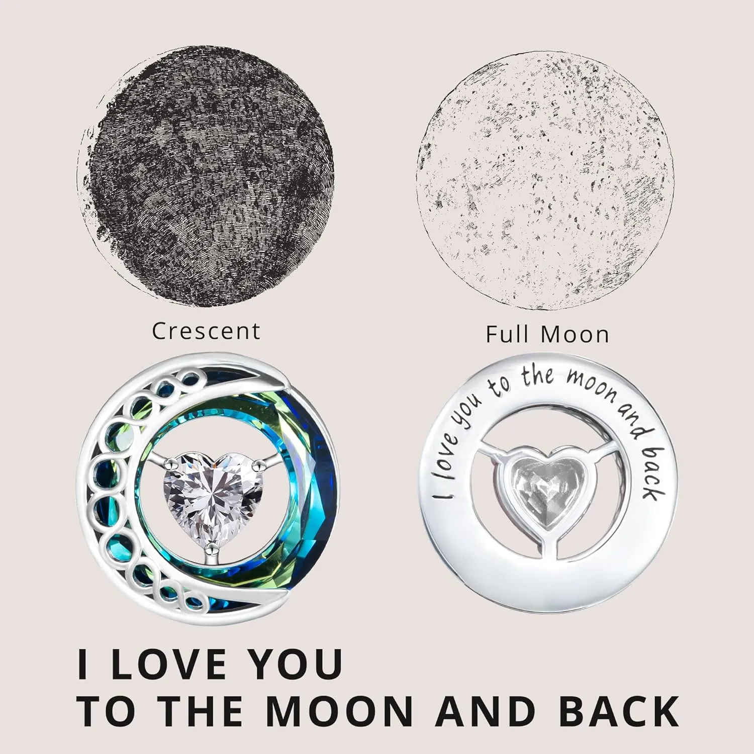 Sterling Silver Heart Birthstone Necklace for Women  Crystal Ring & Moon Pendant with Hidden Engraving 'I Love You to the Moon and Back' | Personalized Jewelry Gift for Her, Birthday, Anniversary, Romantic Surprise