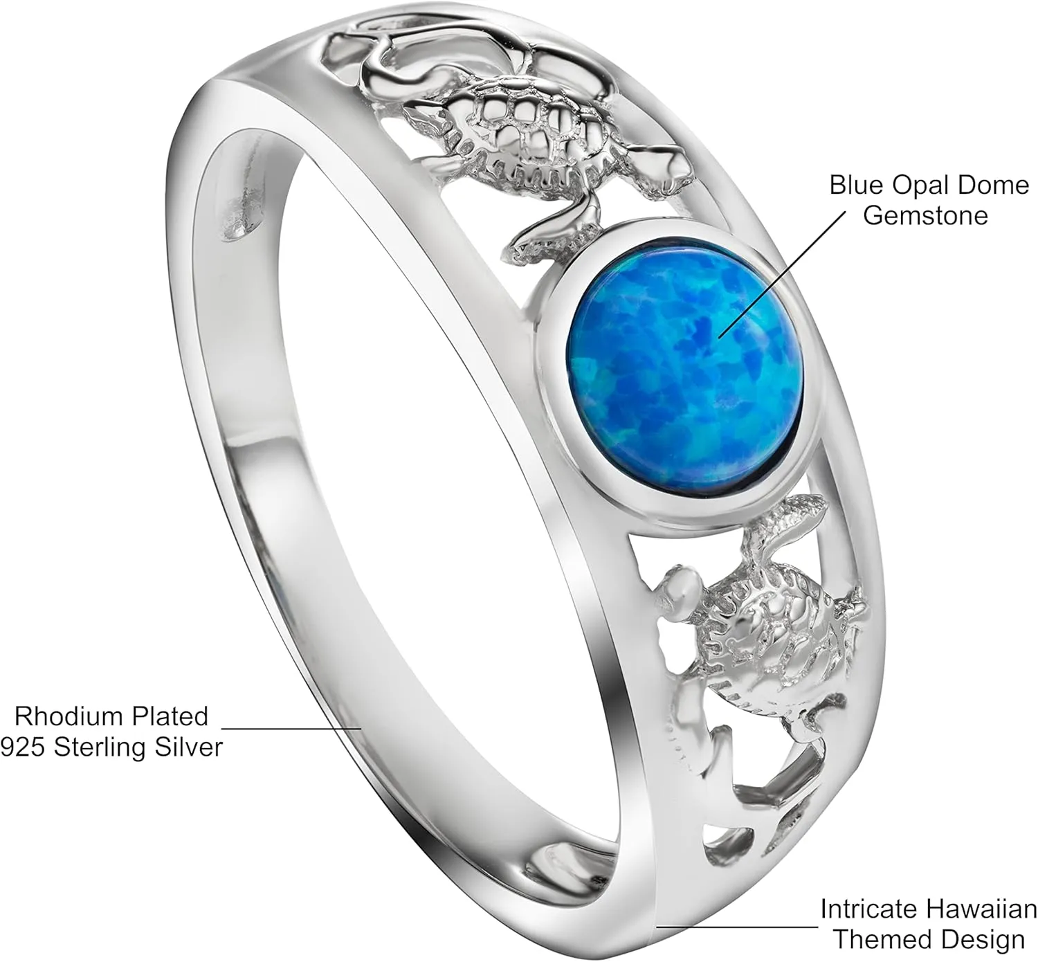 Sterling Silver Opal Two Sea Turtles Tapered Wedding Ring Eternity Band for Women, Hawaiian Island Tropical Ocean Jewelry Gemstone, Gift Box Included
