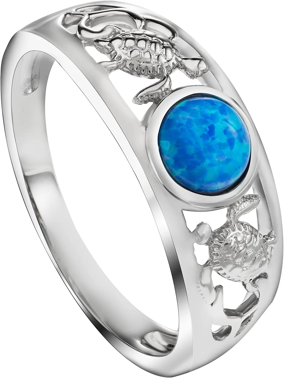 Sterling Silver Opal Two Sea Turtles Tapered Wedding Ring Eternity Band for Women, Hawaiian Island Tropical Ocean Jewelry Gemstone, Gift Box Included