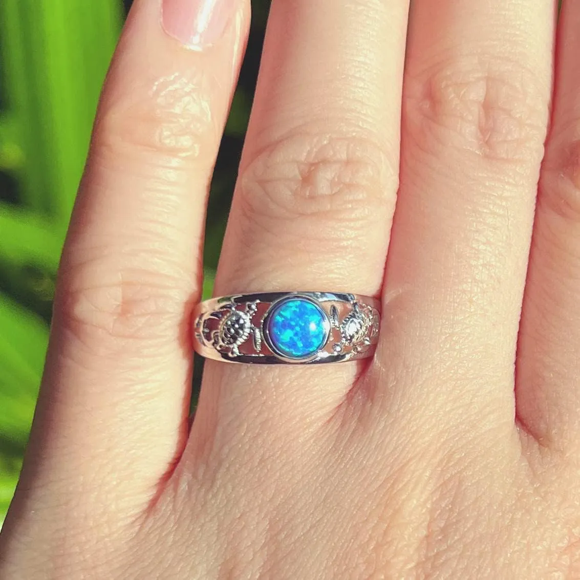 Sterling Silver Opal Two Sea Turtles Tapered Wedding Ring Eternity Band for Women, Hawaiian Island Tropical Ocean Jewelry Gemstone, Gift Box Included