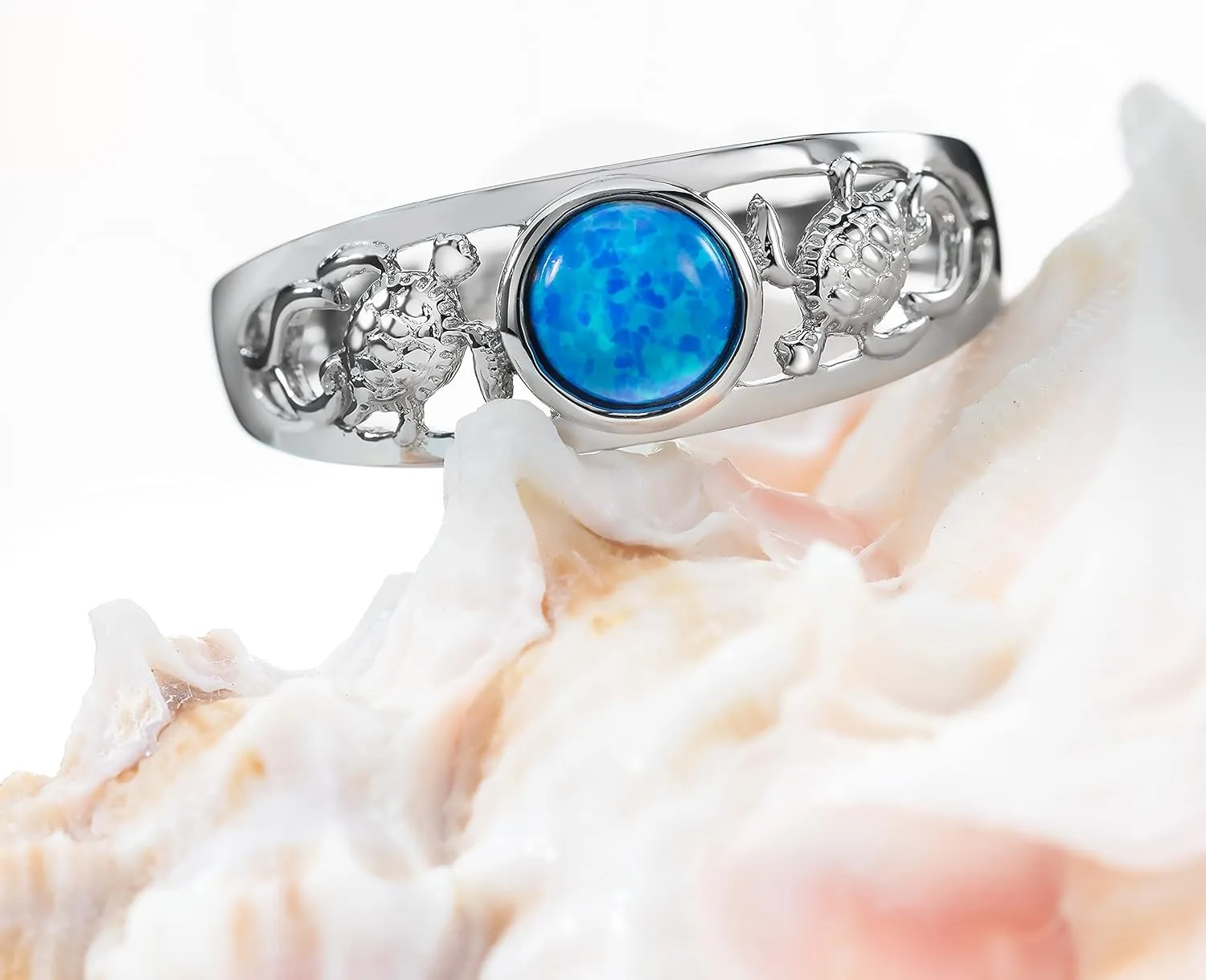Sterling Silver Opal Two Sea Turtles Tapered Wedding Ring Eternity Band for Women, Hawaiian Island Tropical Ocean Jewelry Gemstone, Gift Box Included