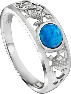 Sterling Silver Opal Two Sea Turtles Tapered Wedding Ring Eternity Band for Women, Hawaiian Island Tropical Ocean Jewelry Gemstone, Gift Box Included