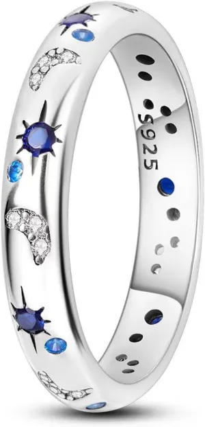 Sterling Silver Ring for Women, Moon Star Ring Stackable Sterling Silver Rings Set No Tarnish Simple Dainty Ladies Ring Personalized Cute Cubic Zirconia Band Rings