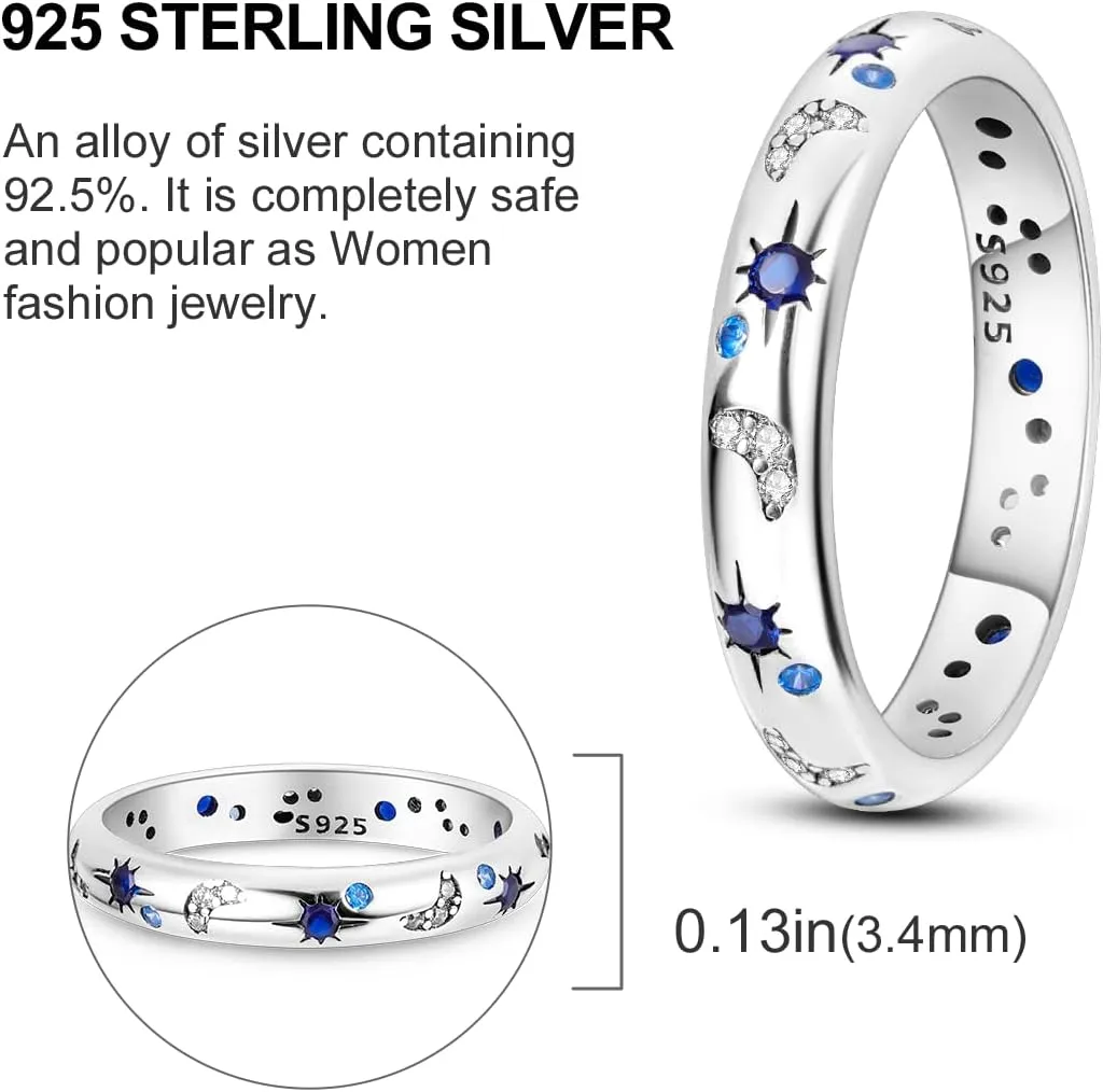 Sterling Silver Ring for Women, Moon Star Ring Stackable Sterling Silver Rings Set No Tarnish Simple Dainty Ladies Ring Personalized Cute Cubic Zirconia Band Rings