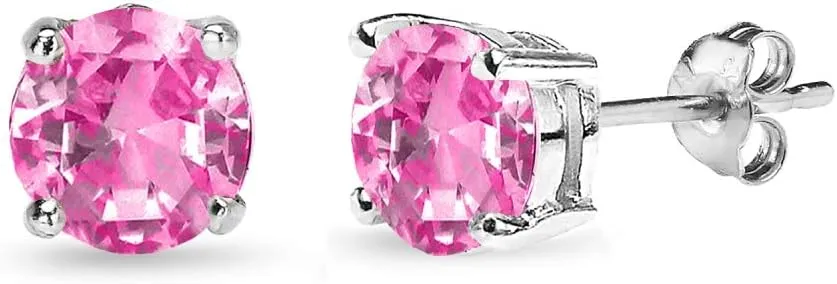 Sterling Silver Synthetic Pink Sapphire Round Solitaire Dainty Stud Earrings, Choose a Size