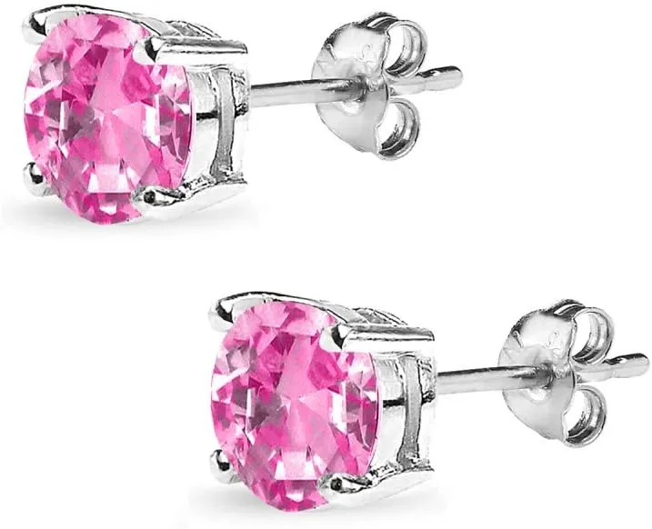 Sterling Silver Synthetic Pink Sapphire Round Solitaire Dainty Stud Earrings, Choose a Size