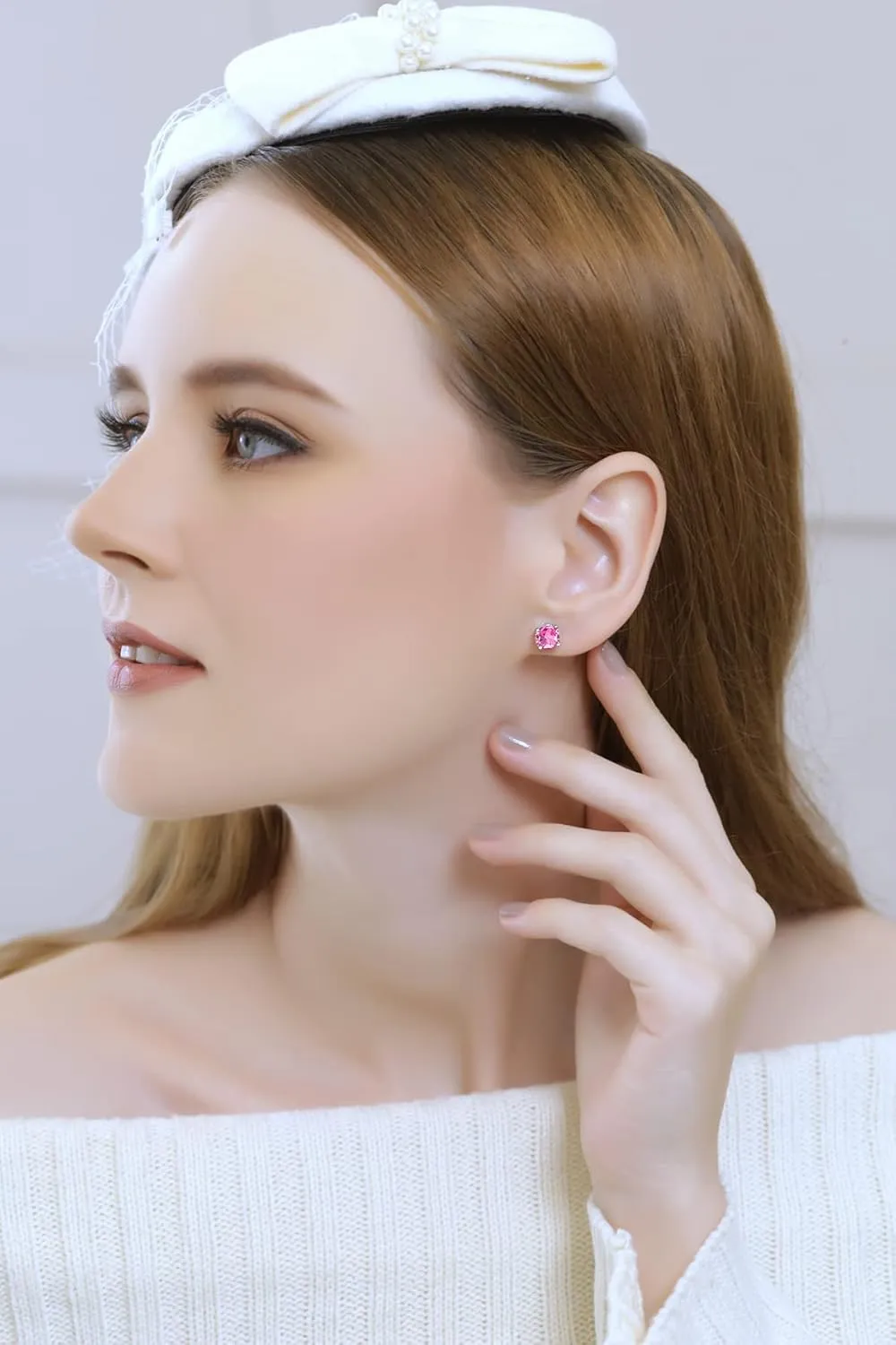 Sterling Silver Synthetic Pink Sapphire Round Solitaire Dainty Stud Earrings, Choose a Size