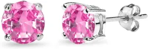 Sterling Silver Synthetic Pink Sapphire Round Solitaire Dainty Stud Earrings, Choose a Size