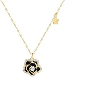 Sterling Silver Vintage Black Camellia Flower with Cubic Zirconia Pendant Necklace Flower Jewelry for Women