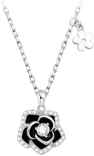 Sterling Silver Vintage Black Camellia Flower with Cubic Zirconia Pendant Necklace Flower Jewelry for Women