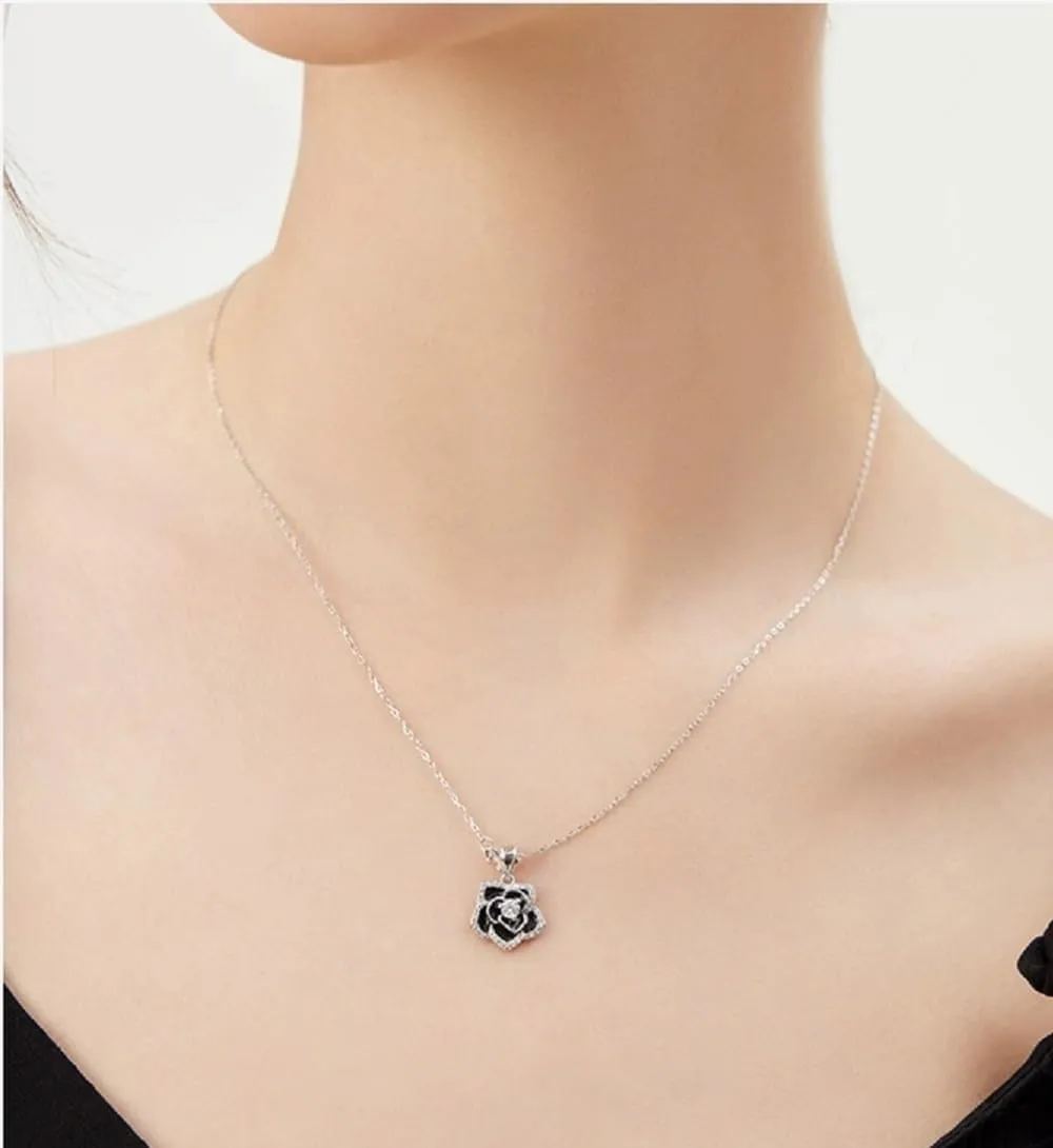 Sterling Silver Vintage Black Camellia Flower with Cubic Zirconia Pendant Necklace Flower Jewelry for Women