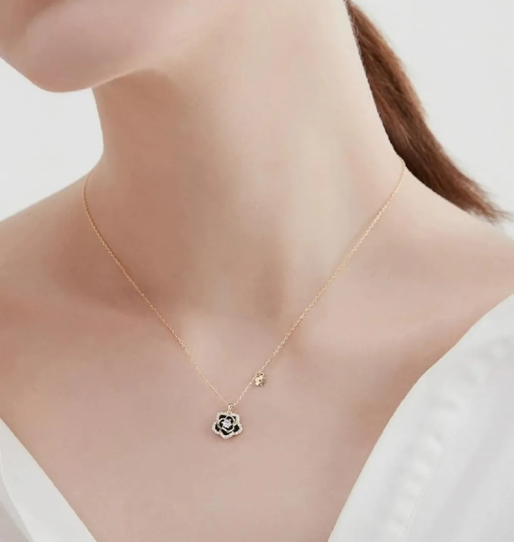 Sterling Silver Vintage Black Camellia Flower with Cubic Zirconia Pendant Necklace Flower Jewelry for Women