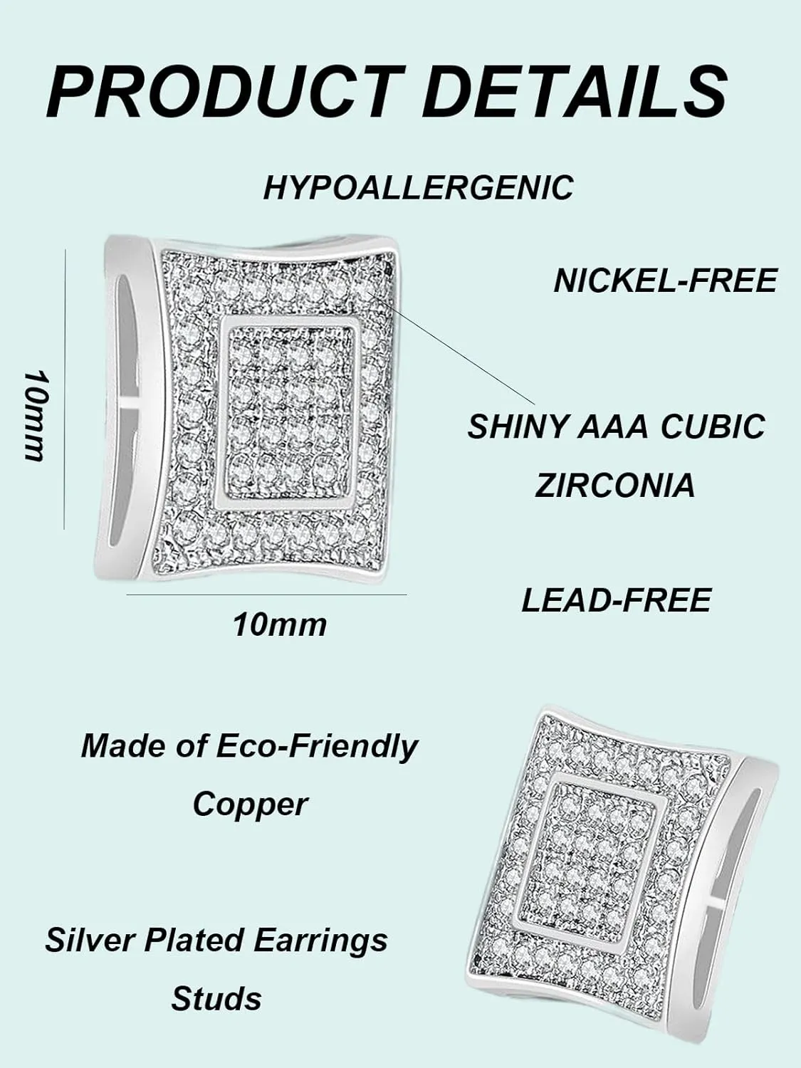 Stud Earrings For Men- Silver Stud Earrings Silver Plated Sparkling Cubic Zirconia Earring Studs for Men Hypoallergenic Round Square Womens Stud Earrings